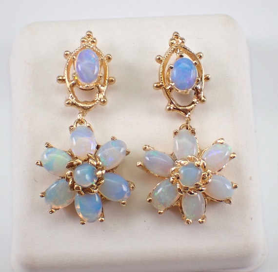 Antique Opal Flower Earrings - Vintage 14K Yellow Gold Gemstone Cluster Dangles - October Birthstone Fine Jewelry