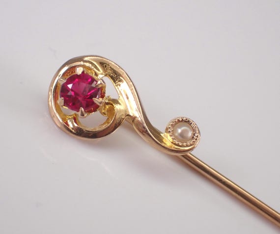 Antique 14K Yellow Ruby and Pearl Stick Pin: Vintage Question Mark Brooch