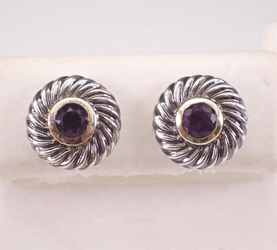 David Yurman Cookie Amethyst Stud Earrings - 14K Yellow Gold and Sterling Silver Two Tone Designer Jewelry