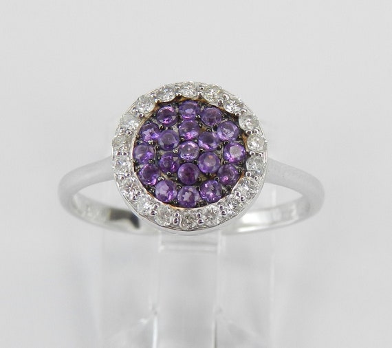 14K White Gold Diamond and Amethyst Ring - Unique Cluster Halo Engagement Promise Gift - Dainty Purple Gemstone Jewelry