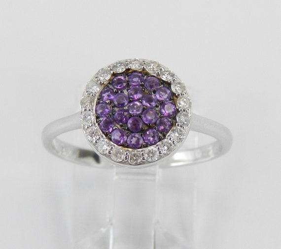 14K White Gold Diamond and Amethyst Cluster Promise Cocktail Ring Size 7.25 FREE Sizing LQGR20