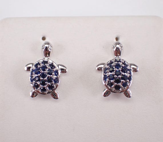 White Gold Sapphire Turtle Earrings - Tortoise Gemstone Screwback Studs - Small Dainty Birthday Fine Jewelry Gift