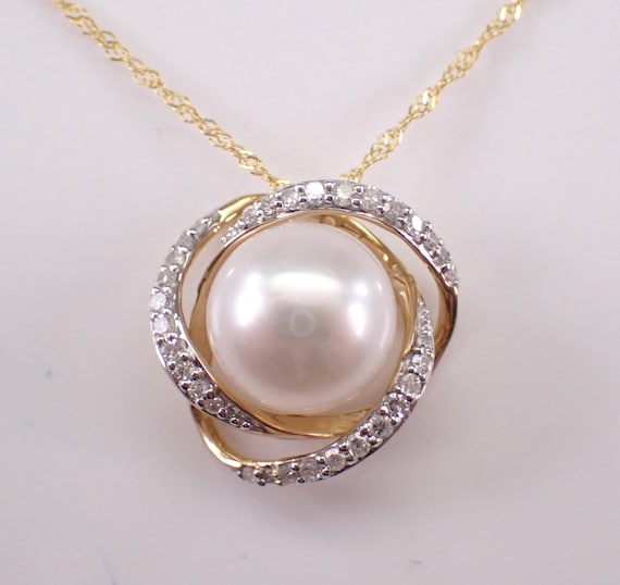 14K Yellow Gold Pearl and Diamond Necklace: Unique Swirl Halo Charm Pendant and Chain