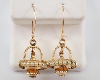 30s Antique 14K Yellow Gold Seed Pearl Dangle Earrings - Vintage Fine Jewelry Bridal Gift