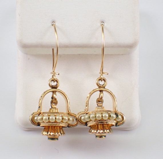 30s Antique 14K Yellow Gold Seed Pearl Dangle Earrings - Vintage Fine Jewelry Bridal Gift