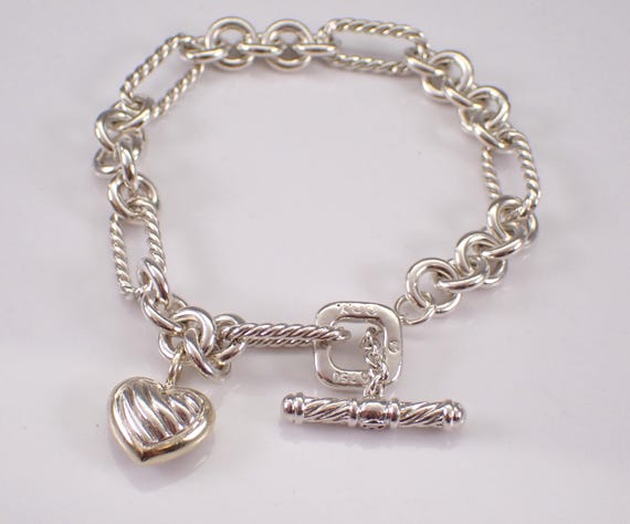 Vintage DAVID YURMAN Charm Bracelet - Estate 18K Yellow Gold and Sterling Silver Designer - Two Toned Dangle Heart