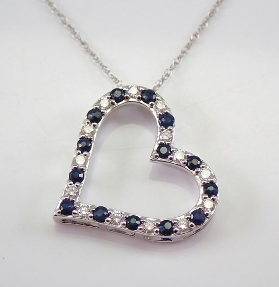 14K White Gold Heart Necklace, Genuine Diamond and Sapphire Pendant, September Birthstone Charm Choker with Chain