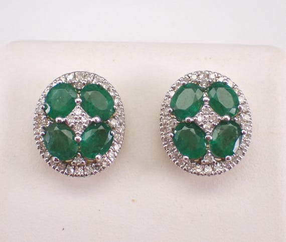 Yellow Gold Emerald and Diamond Stud Earrings: Oval Flower Cluster Gemstone Studs