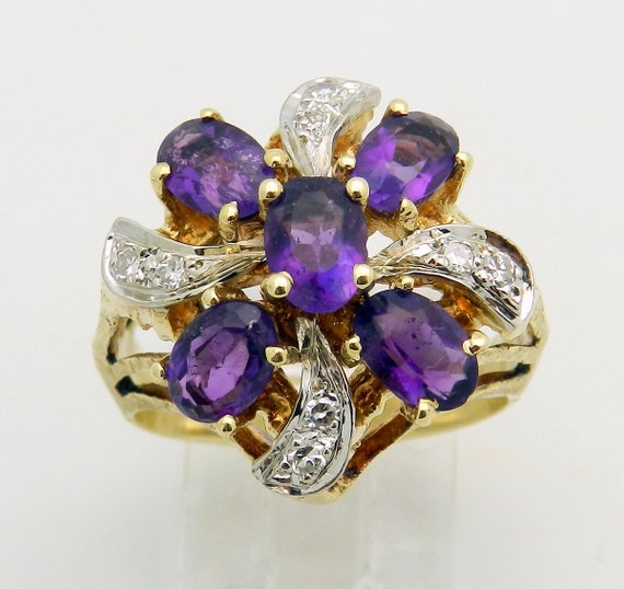 Vintage Estate 14K Yellow Gold Diamond and Amethyst Cocktail Ring Size 7.5 FREE SIZING