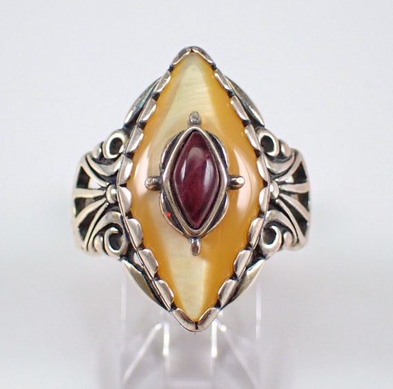 Vintage Carolyn Pollack Sterling Silver Ring - Yellow Mother of Pearl and Purple Oyster Gemstone - Large Estate Designer Jewelry