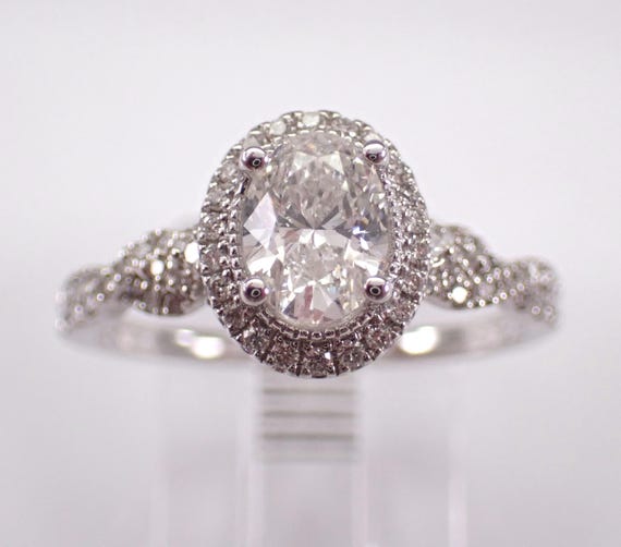 14K White Gold Diamond Engagement Ring - Oval Halo Unique Setting - Bridal Fine Jewelry Promise Gift