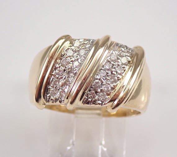 Vintage 14K Yellow Gold Diamond Wedding Ring - Estate Wide Anniversary Cigar Band - 1970's Bridal Jewelry Gift