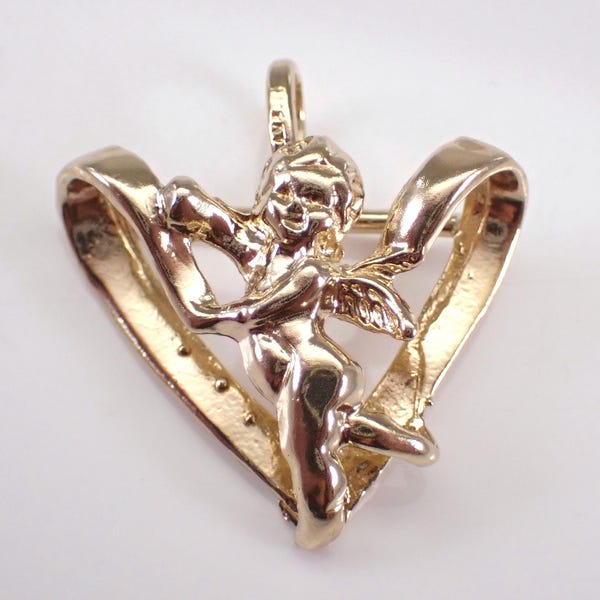 Dije de ángel vintage de oro amarillo de 14 quilates con forma de corazón de querubín con alas para collar de cadena.