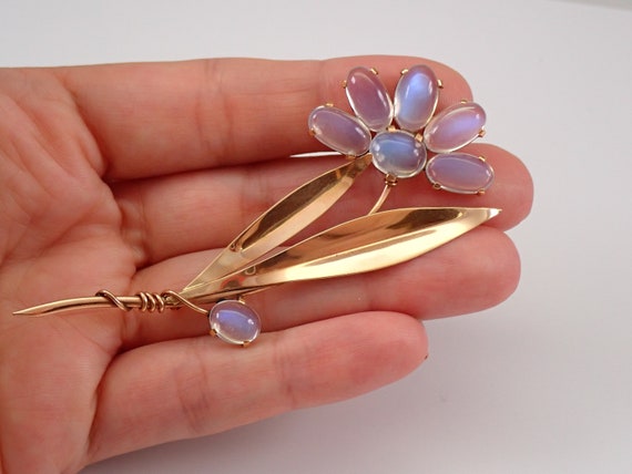 50s Vintage Moonstone Brooch - Large Antique 14K Yellow Gold Flower Pin - Binder Brothers Designer Fine Jewelry