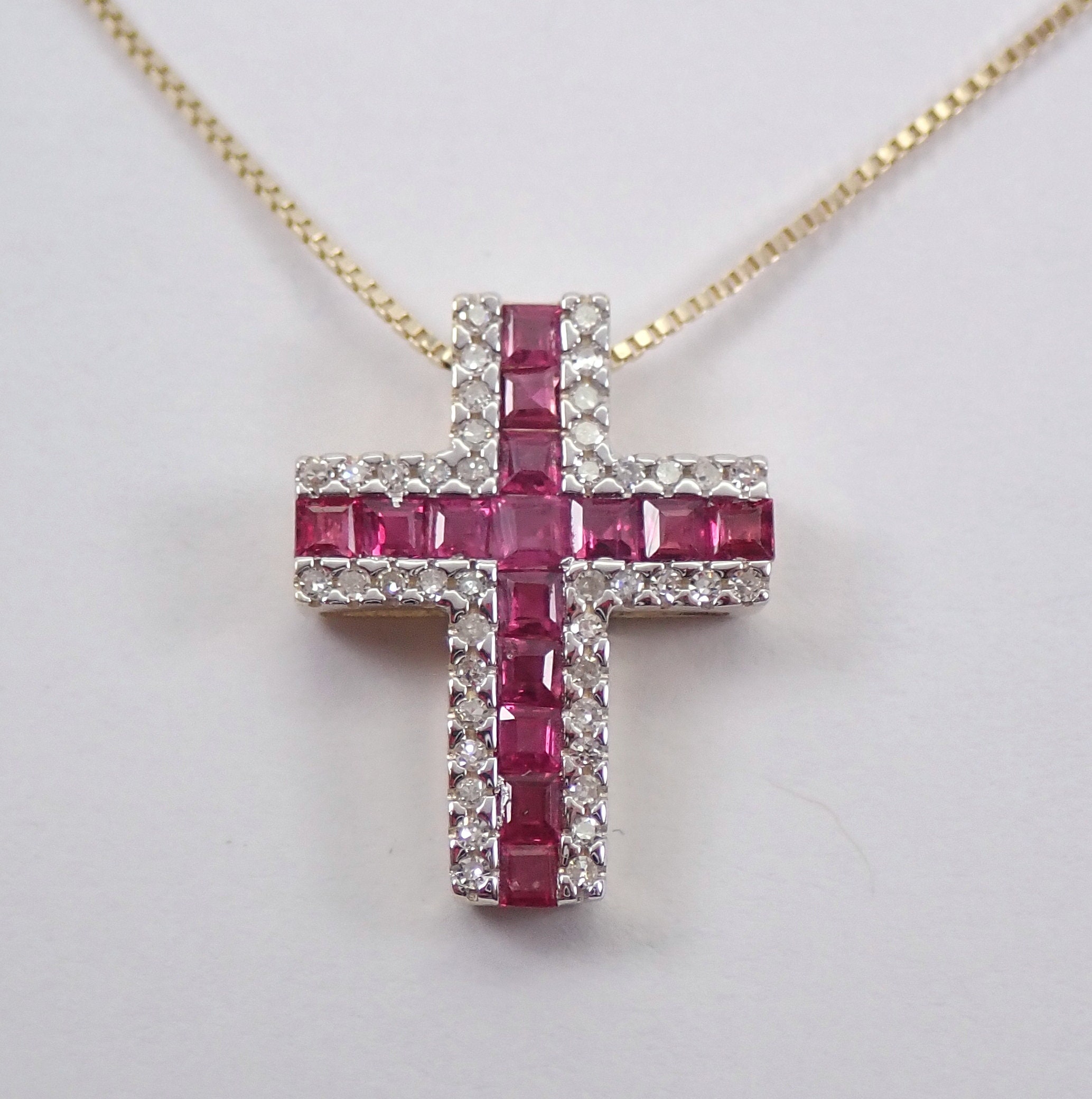 Diamond and Ruby Cross Pendant Necklace 18 Chain 14K Yellow Gold Religious Charm