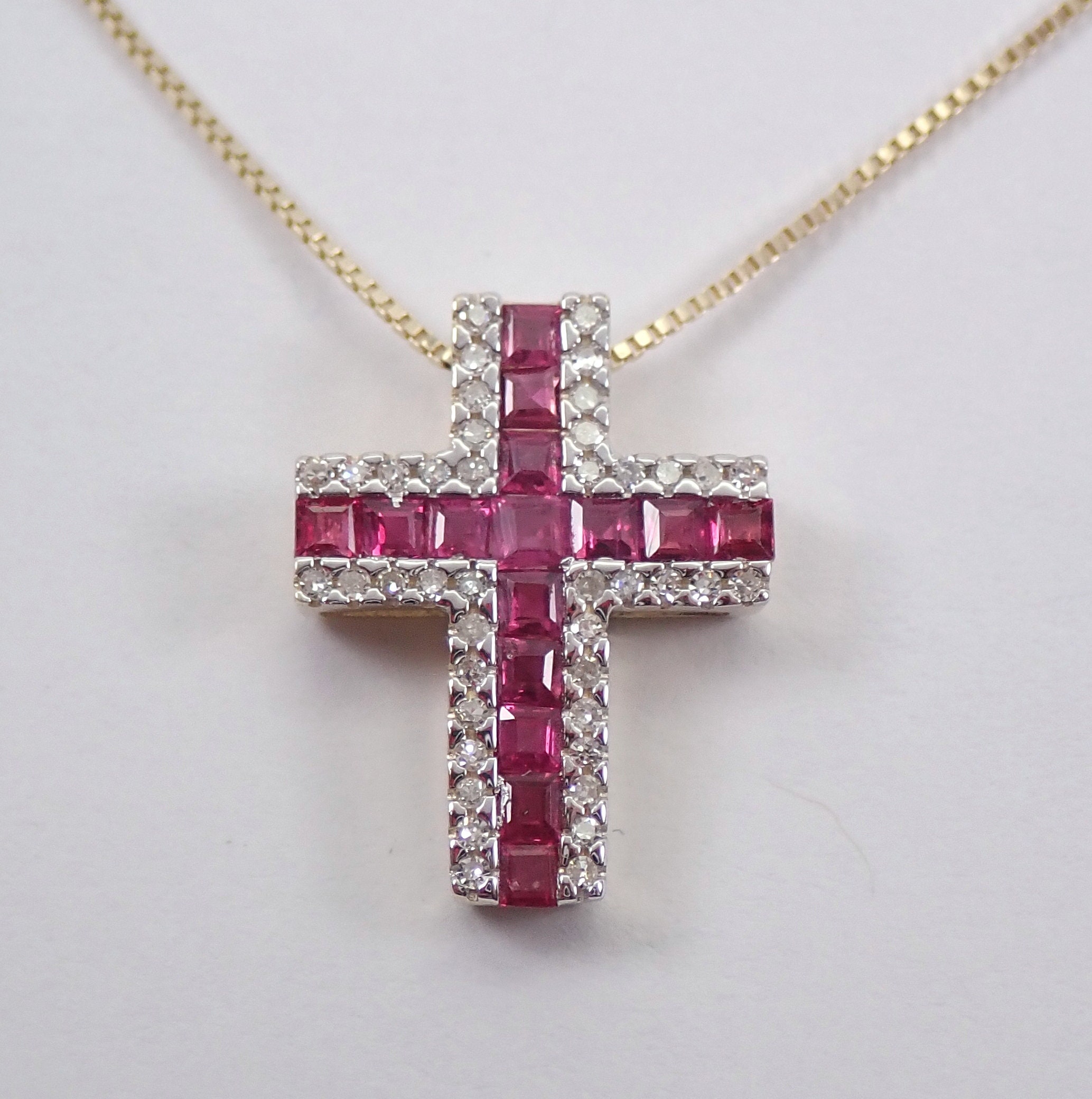 Diamond and Ruby Cross Pendant Necklace 18 Chain 14K Yellow Gold