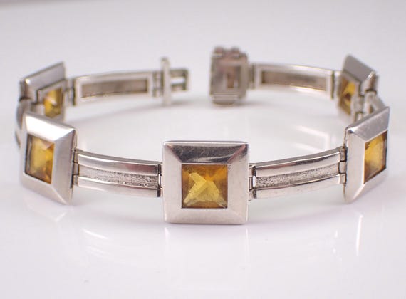 Vintage Citrine Tennis Bracelet - Estate Sterling Silver Gemstone Link - Everyday Layering Jewelry Gift