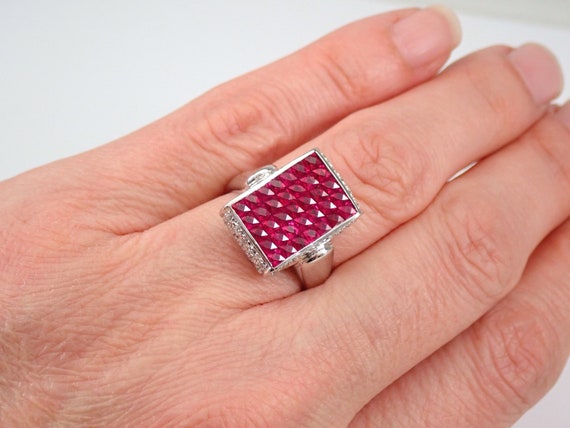 Genuine Red Ruby Ring, 18K White Gold Ruby and Diamond Ring, French Cut Ruby Cluster Ring, July Birthstone Right Hand Ring