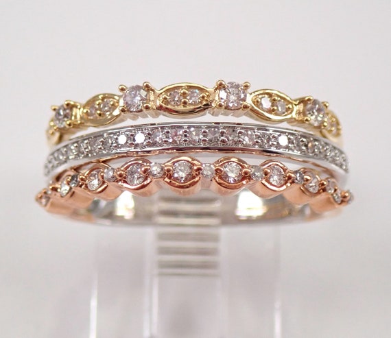 Solid Tri Color Gold Diamond Ring - Stackable Genuine Wedding Band - Multi Tone Gold Anniversary Jewelry Gift