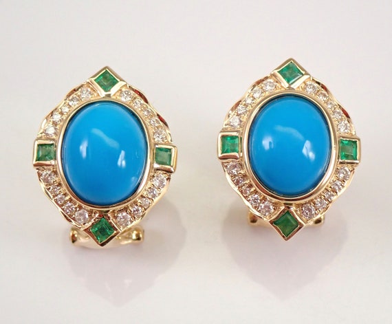 Turquoise and Emerald Earrings - 14K Yellow Gold Diamond Halo Setting - Rare Sleeping Beauty Color - Omega Clasp Closure