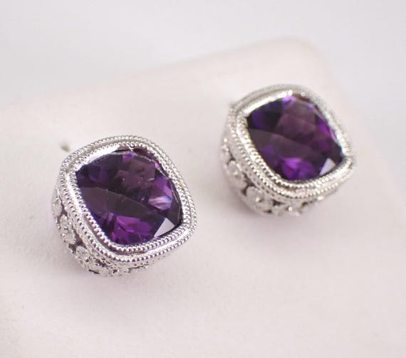 14K White Gold Amethyst Stud Earrings, Dainty Hidden Halo Square Bezel Setting
