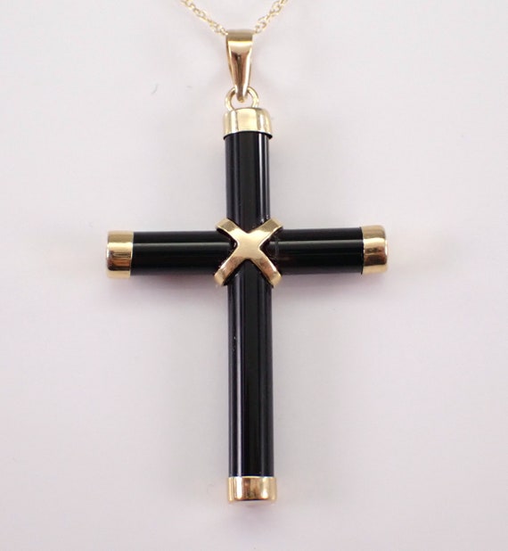 14K Yellow Gold Black Onyx Cross Necklace, Unique Gemstone Charm Pendant, Simple Religious Jewelry Gift