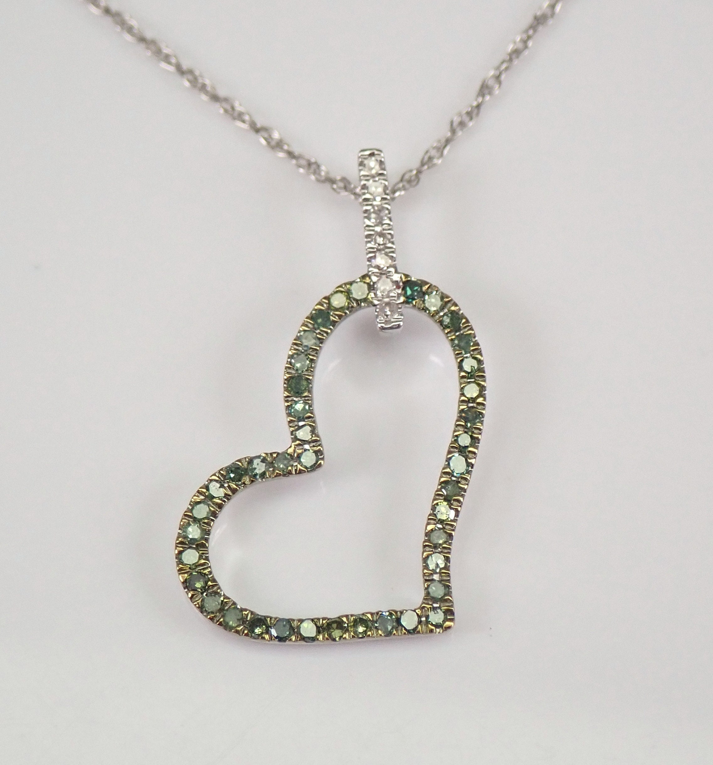 White Gold Fancy Green Diamond Heart Pendant Necklace 18 Chain