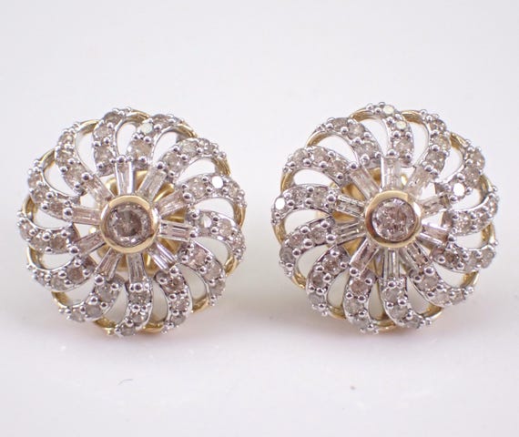 Yellow Gold Diamond Stud Earrings: Baguette and Round Button Cluster Studs