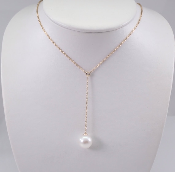 14K Yellow Gold Pearl Lariat Necklace - Diamond Solitaire Station Pendant Chain - Bridal Wedding Jewelry Gift
