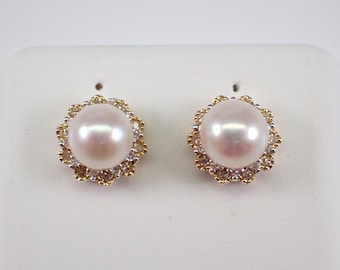 Pearl and Diamond Halo Stud Earrings, 14K Yellow Gold June Birthday Wedding Studs