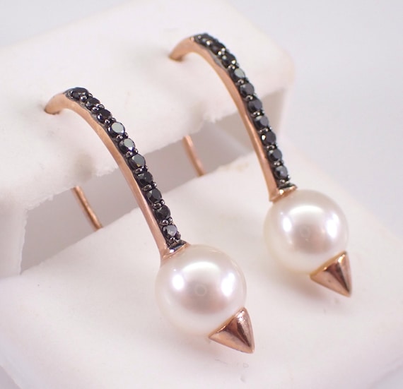 Black Diamond and Pearl Earrings - Rose Gold Fine Jewelry Gift - June Birthstone Gemstone