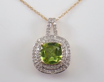 Cushion Cut Peridot and Diamond Pendant - Yellow Gold Gemstone Choker Necklace - August Birthstone Fine Jewelry Gift