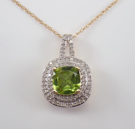 Cushion Cut Peridot and Diamond Pendant - Yellow Gold Gemstone Choker Necklace - August Birthstone Fine Jewelry Gift