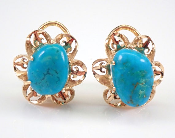 14K Yellow Gold Turquoise Earrings - Vintage Estate Large Buttercup Settings - Secure Omega Clasp Closure