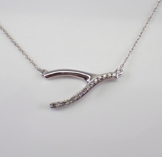 Diamond Wishbone Pendant - White Gold Station Necklace - Thin Choker Chain - Anniversary Birthday Jewelry Gift