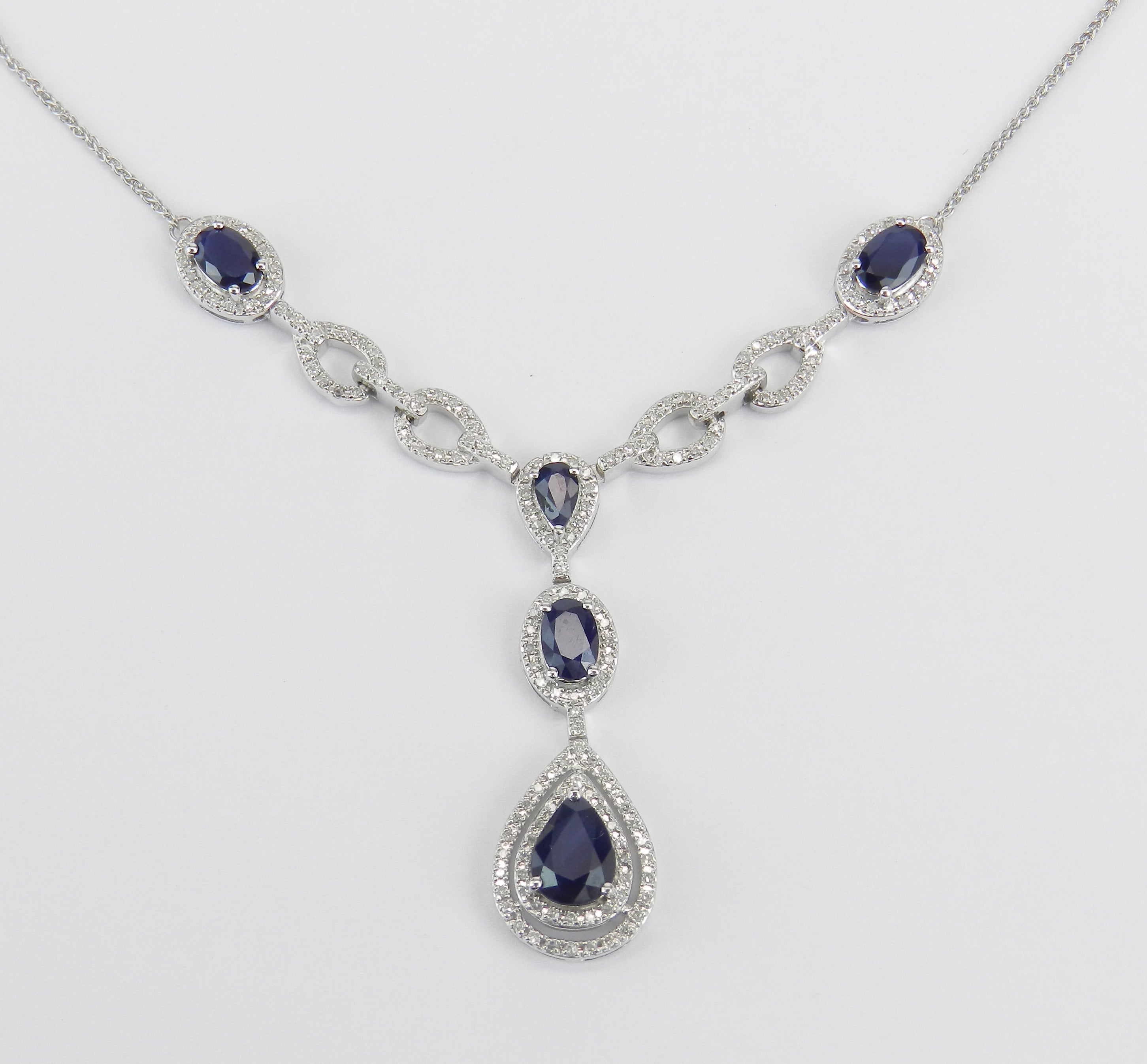 Sapphire and Diamond Lariat Necklace, 14K White Gold Necklace