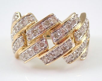 Large Diamond Wedding Ring - Yellow Gold Anniversary Band - Chunky Chain Link Fine Jewelry Gift