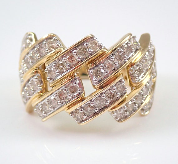 Large Diamond Wedding Ring - Yellow Gold Anniversary Band - Chunky Chain Link Fine Jewelry Gift