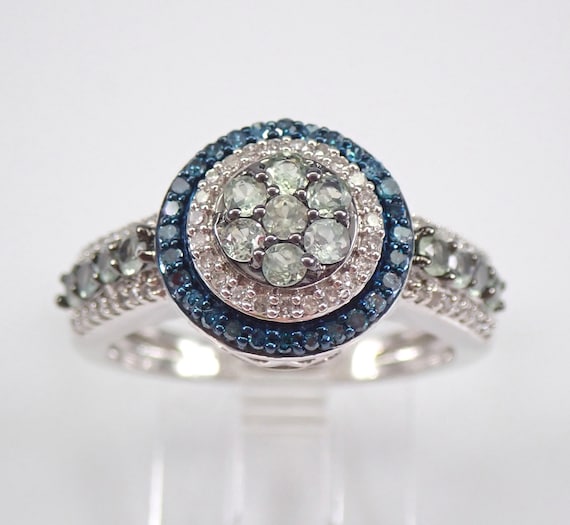 Blue Diamond and Green Amethyst Cluster Ring, White Gold Halo Engagement Ring, Prasiolite Gemstone Fine Jewelry