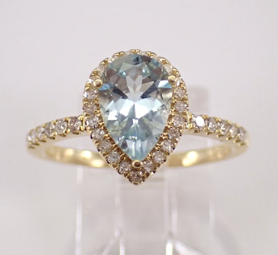 Aquamarine and Diamond Engagement Ring, Yellow Gold Dainty Halo Bridal Setting, March Birthstone Jewelry Gift