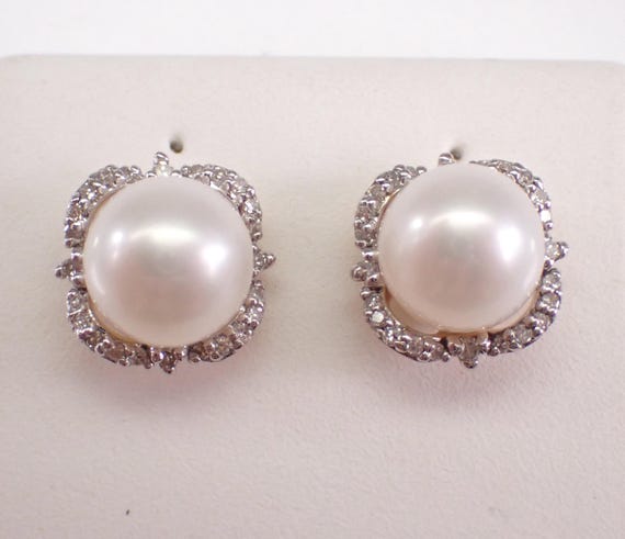 Pearl and Diamond Stud Earrings - 14K Yellow Gold June Birthstone Gemstone Studs