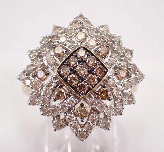 Cognac Diamond Cluster Engagement Ring, Large Yellow Gold Flower Fine Jewelry Gift - Unique Brown Chocolate Gemstone