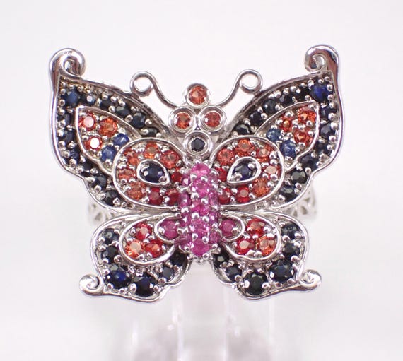 Vintage Sterling Silver Butterfly Ring - Multi Color Sapphire Gemstone Band - Estate Fancy Unique Jewelry Gift