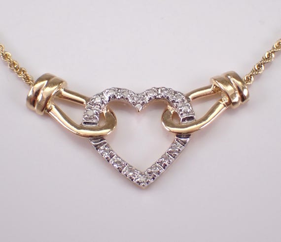 14K Yellow Gold Diamond Heart Necklace - Unique Station Charm Pendant and Chain - Estate Fine Jewelry Gift