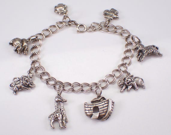 Vintage Sterling Silver Charm Bracelet: Estate Noahs Ark Animal Dangle Link