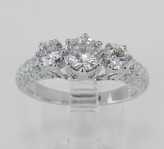 18K White Gold Diamond Engagement Ring - Bridal Three Stone Anniversary Jewelry Gift