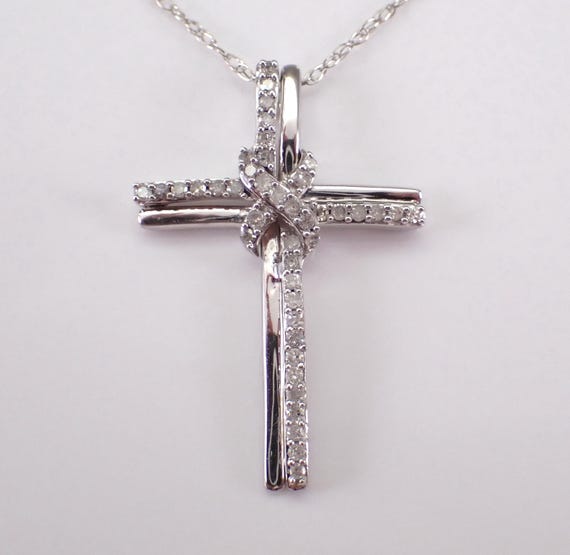 White Gold Diamond Cross Necklace, Unique Religious Charm Pendant and Chain, GalaxyGems Fine Jewelry Gift