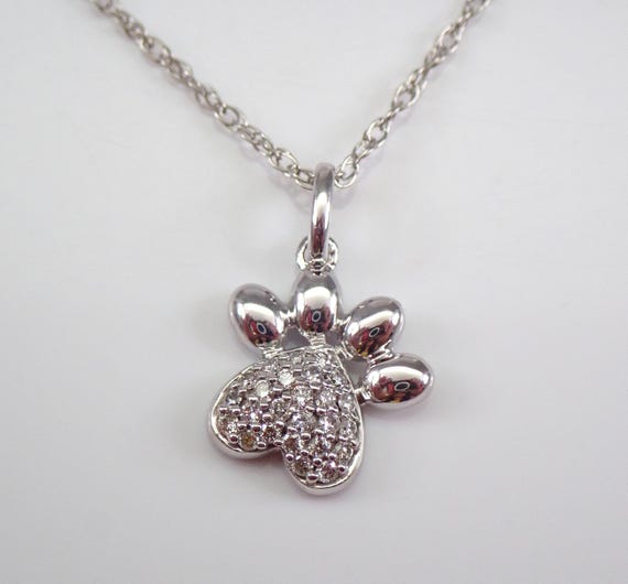 White Gold Diamond Paw Print Necklace - Unique Puppy Dog Charm Pendant and Chain