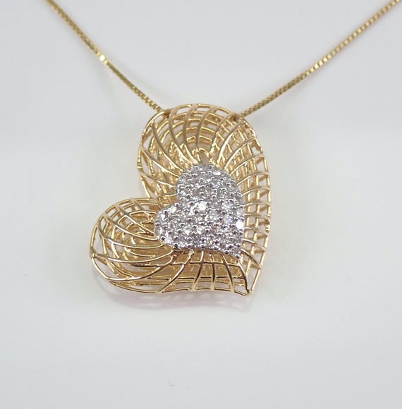 14K Yellow Gold Puffy Diamond Heart Charm, Estate Fine Jewelry Pendant Necklace, Thin 18 inch Box Chain