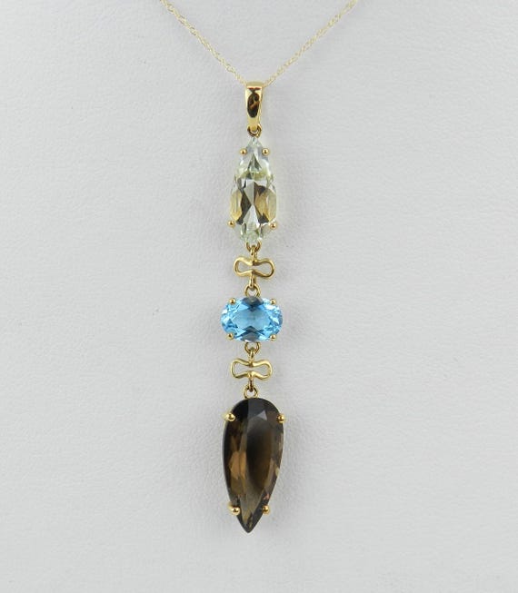 14K Yellow Gold Smokey Topaz Necklace - Prasiolite and Blue Topaz Pendant and Chain - Gemstone Lariat Fine Jewelry Gift